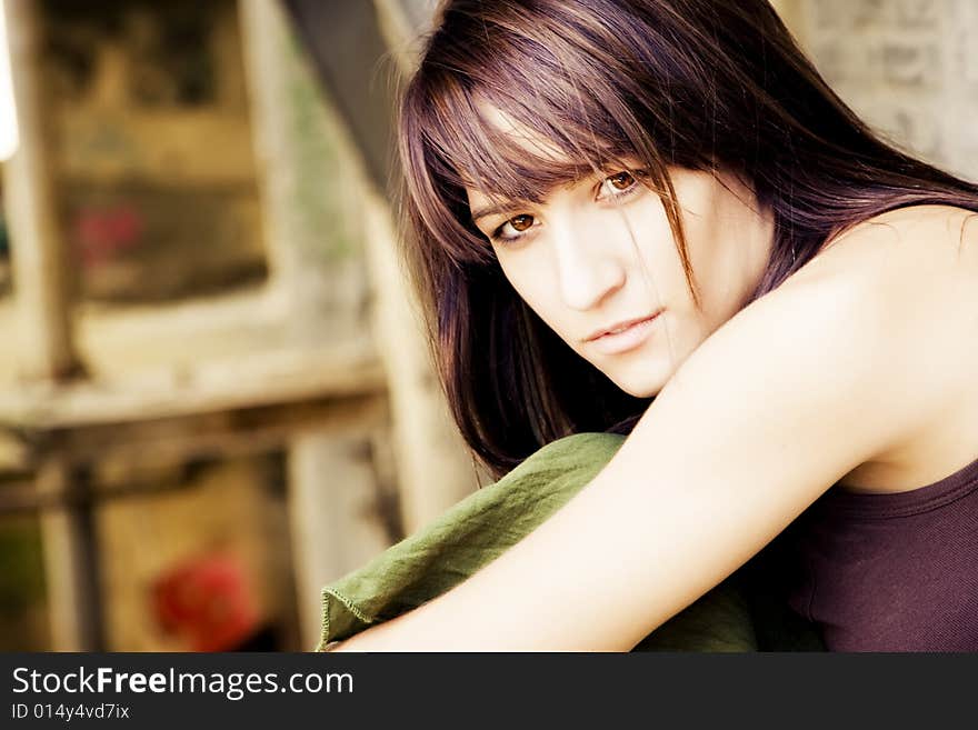 Young brunette staring at camera