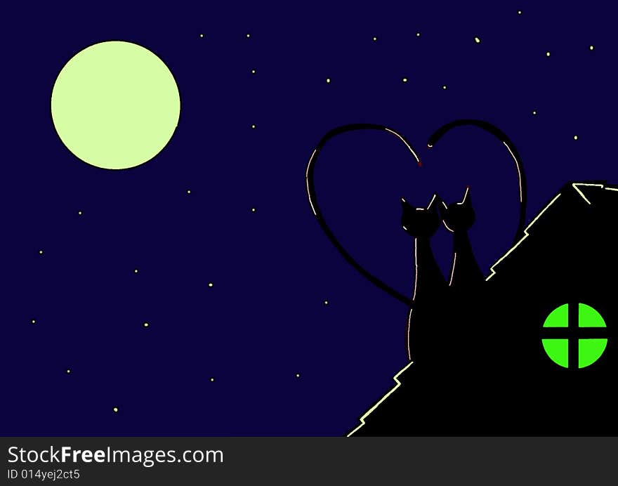 A sentimental illustration in which two cats, in love with each other, are watching the moon, sitting on a roof. A sentimental illustration in which two cats, in love with each other, are watching the moon, sitting on a roof