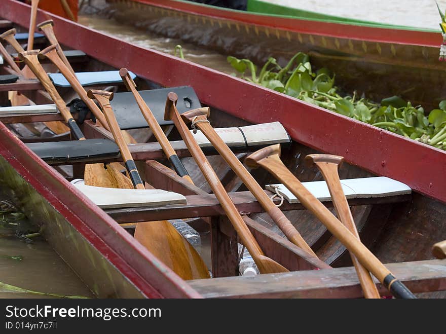 Oars on board a traditional Thai long boat. Oars on board a traditional Thai long boat