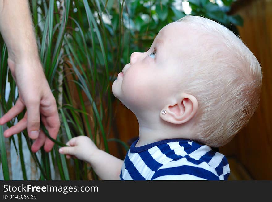 Little girl with blond hair and man s hand