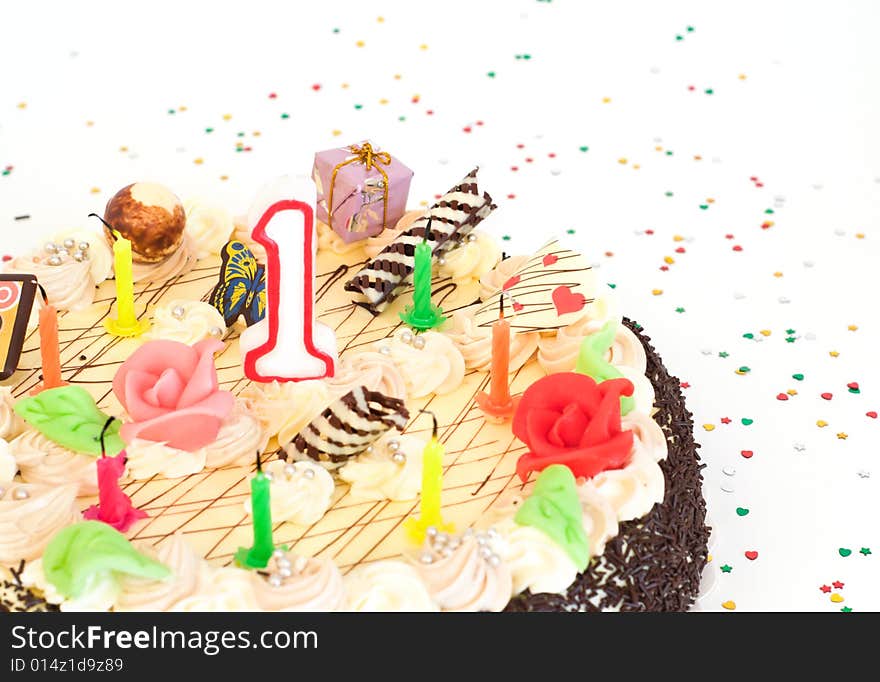 Cake with candle on white background