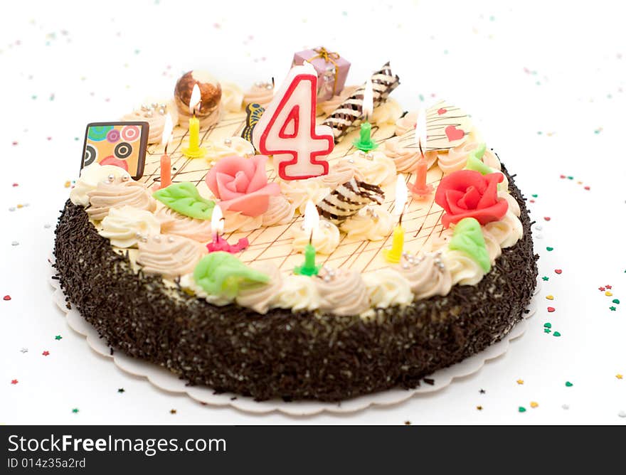 Cake with candle on white background