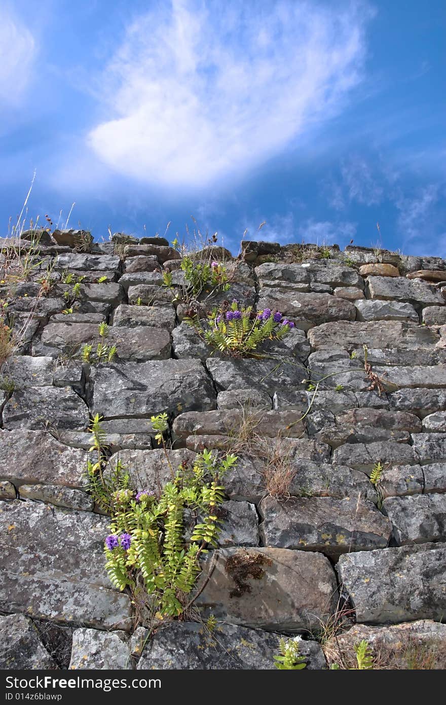 An irish old irish wall in Kerry on the west coast of Ireland with a sky background. An irish old irish wall in Kerry on the west coast of Ireland with a sky background