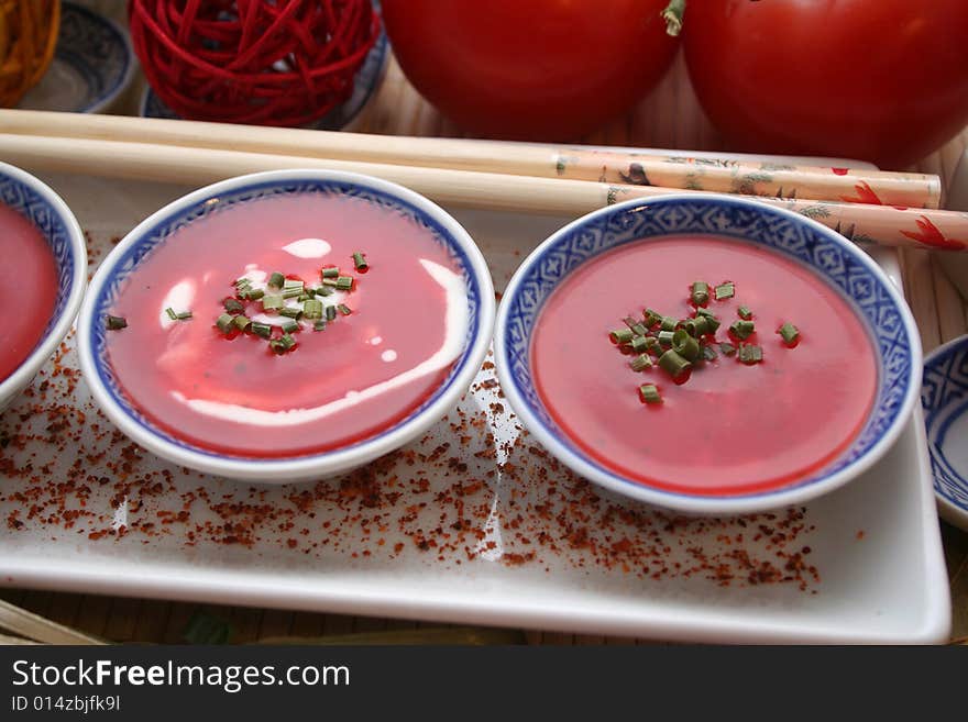 Some fresh soups of tomatoes with spices