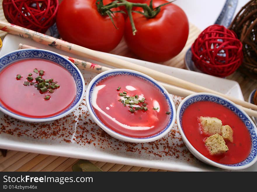 Some fresh soups of tomatoes with spices