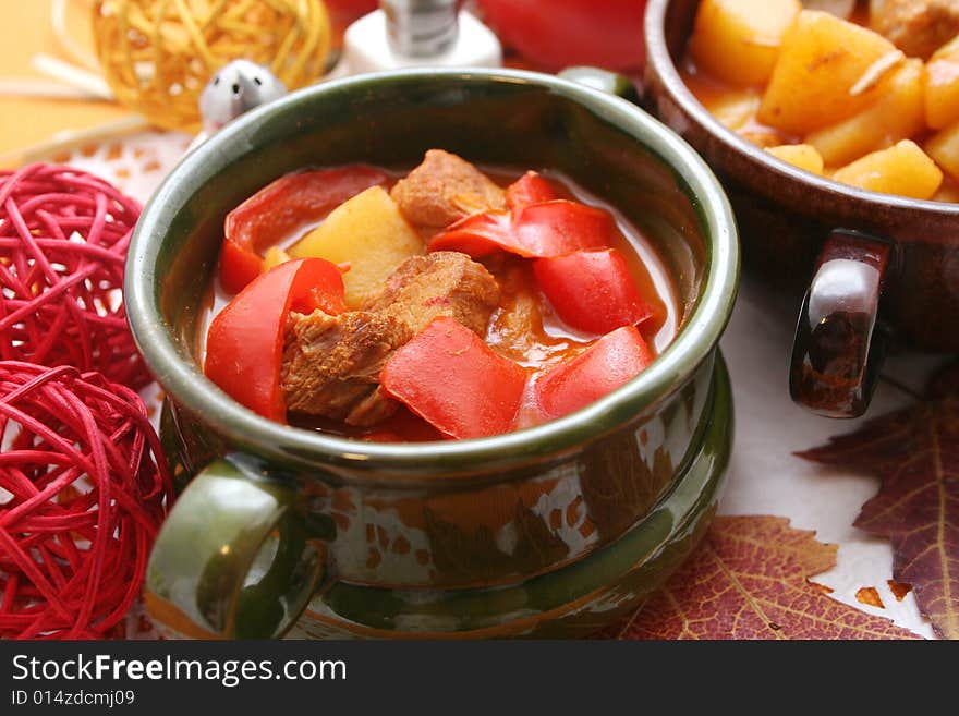 A fresh stew of meat and red and yellow paprikas. A fresh stew of meat and red and yellow paprikas