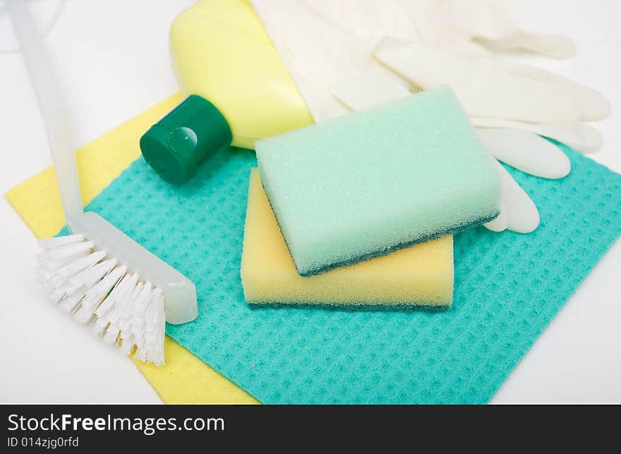 Cleaning accessories on white background. Cleaning accessories on white background