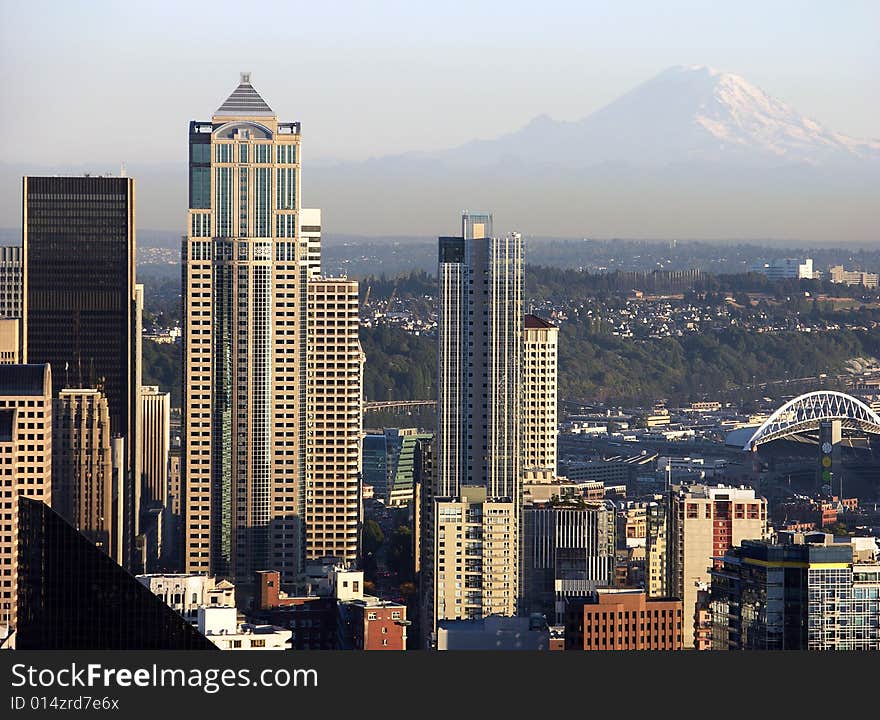 The view of Seattle downtown with mountains in a background.