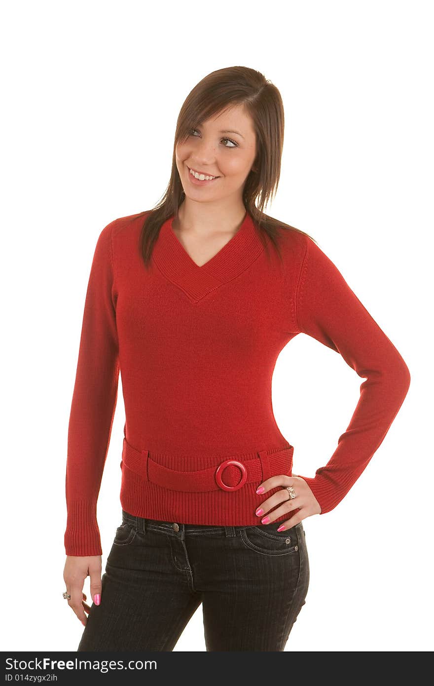 Girl In Red Belted Sweater