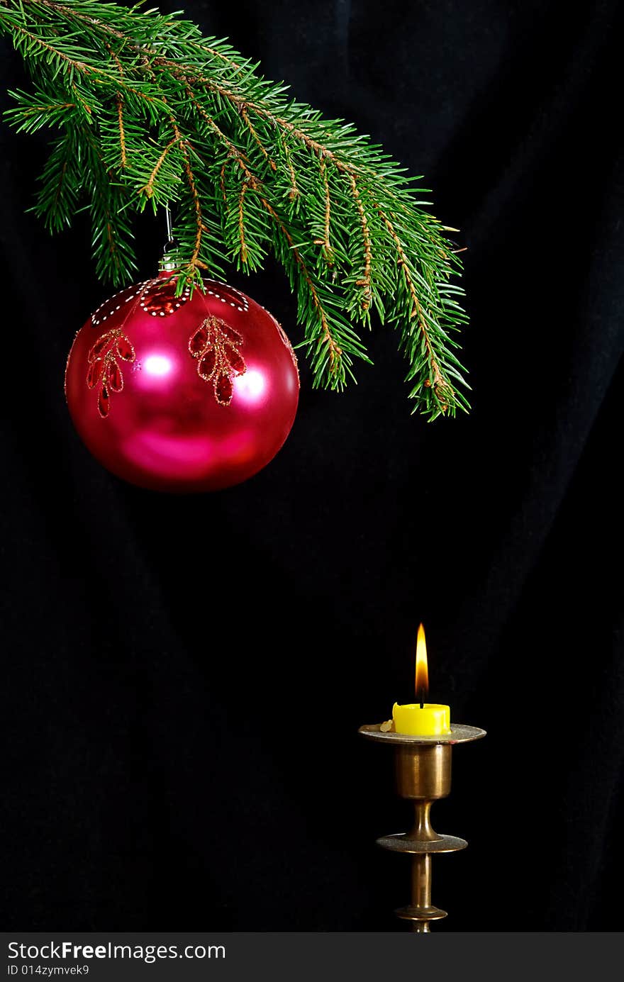 Fir-tree  Twig And Red Ball And Candle