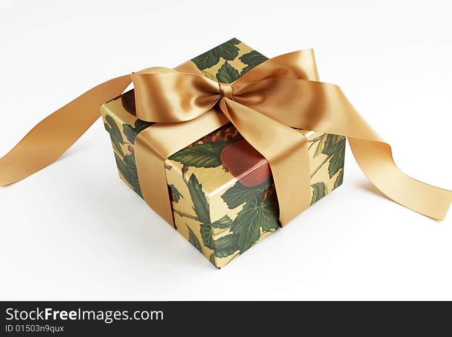 Gift box in autumn or winter colors tied with soft gold satin ribbon on white background