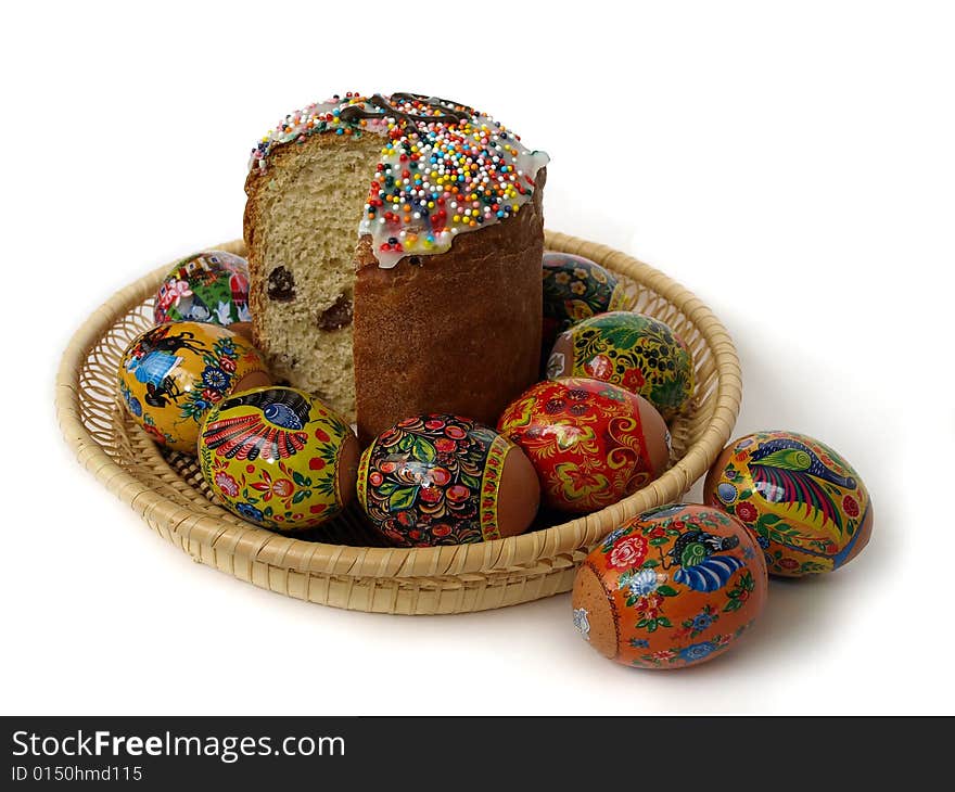 Cake and Easter eggs in the basket