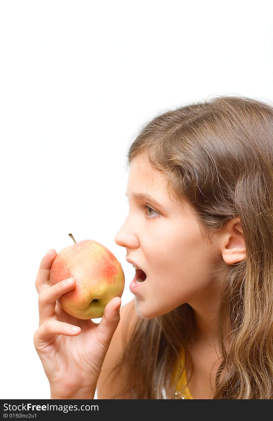 Teen girl eat apple isolated on white for your design