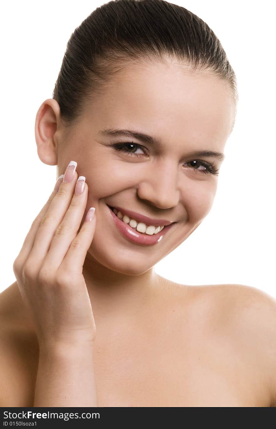 Smiling young woman on white