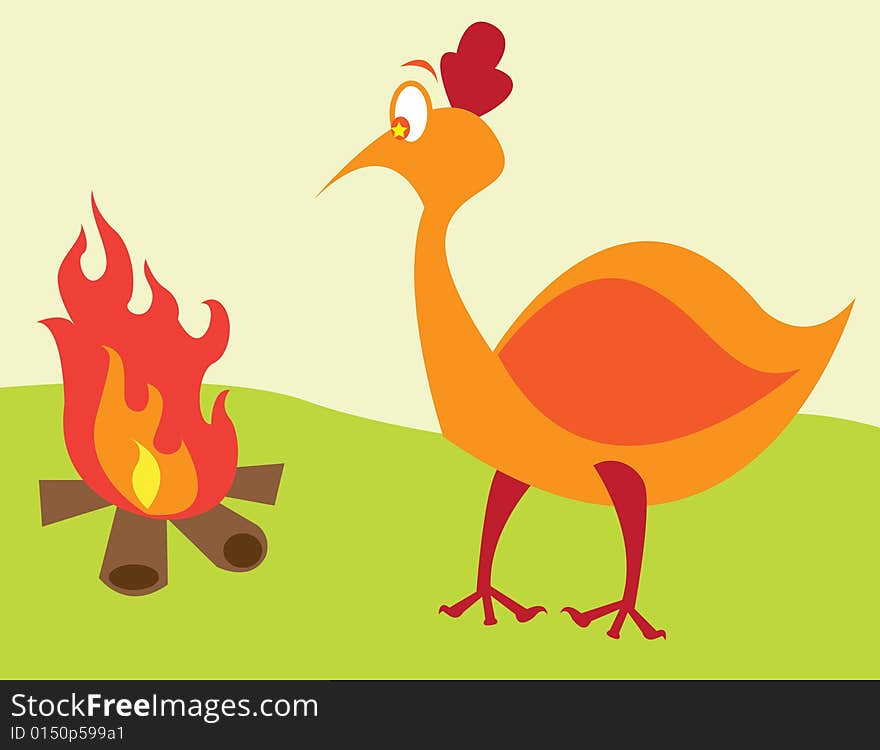 Worried turkey looking at fire. Worried turkey looking at fire