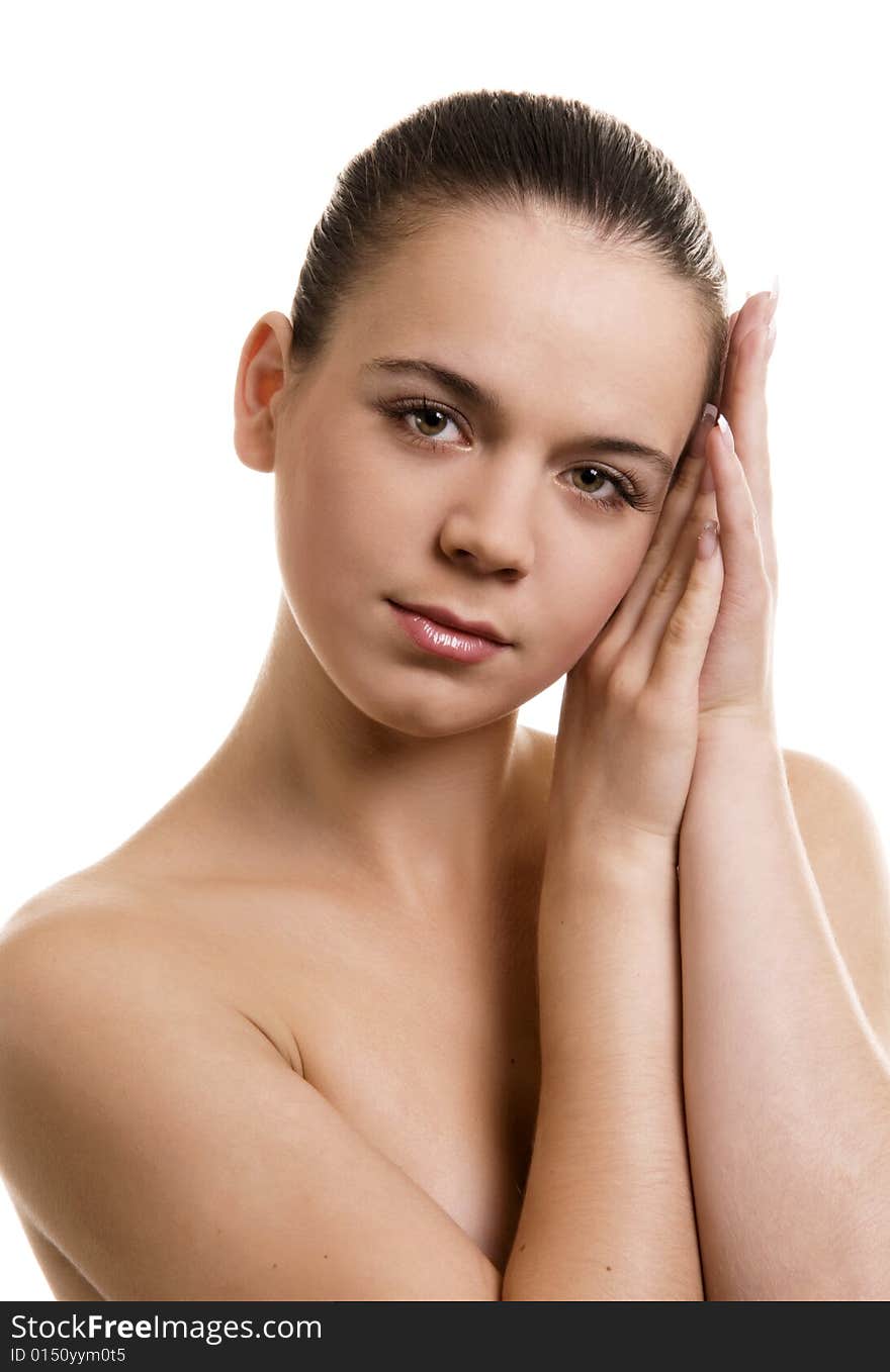 Beautuful young woman on white