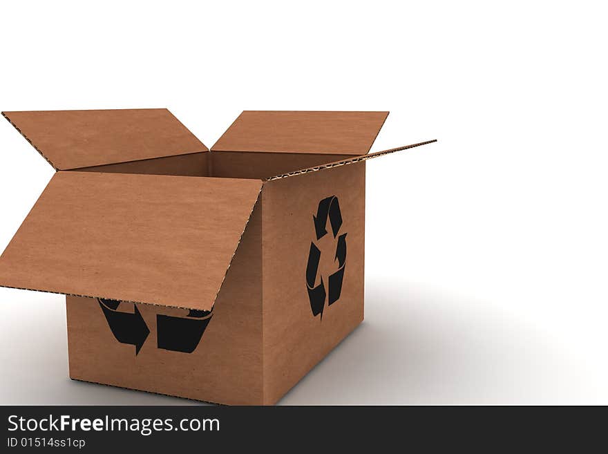 Open empty cardboard with recycle sign - 3d render illustration