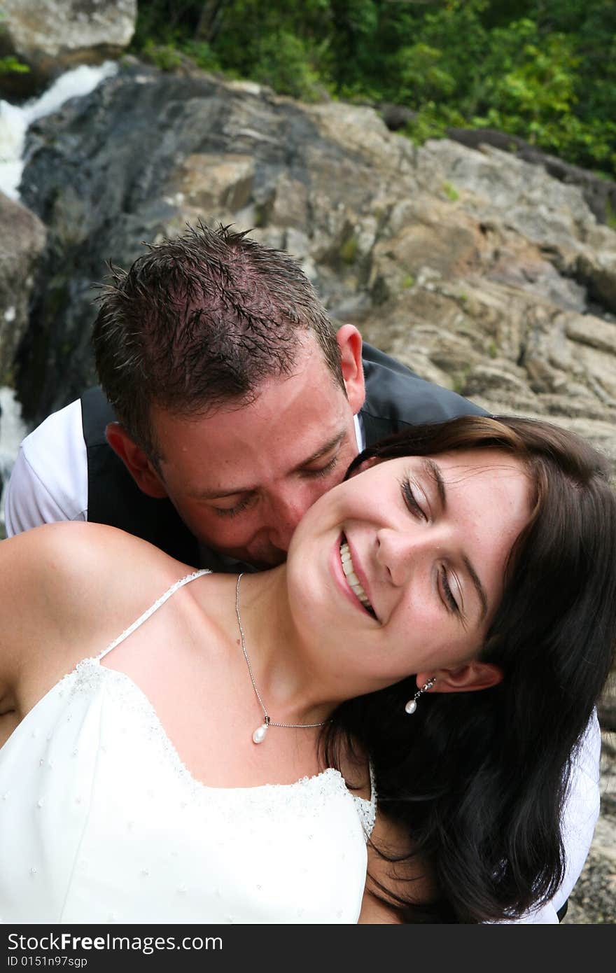 Happy bride and groom on their wedding day.