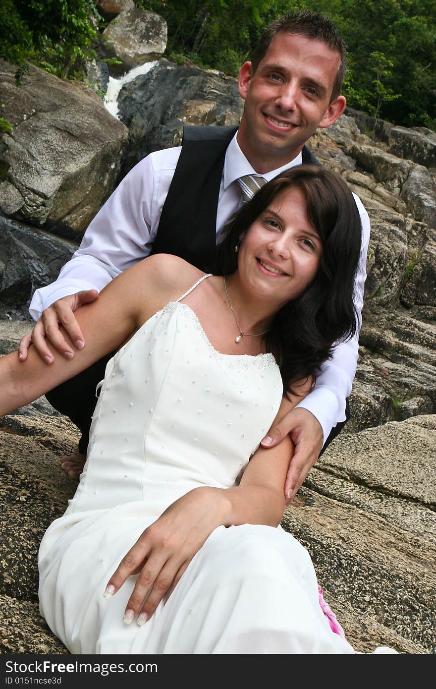 Happy bride and groom on their wedding day.