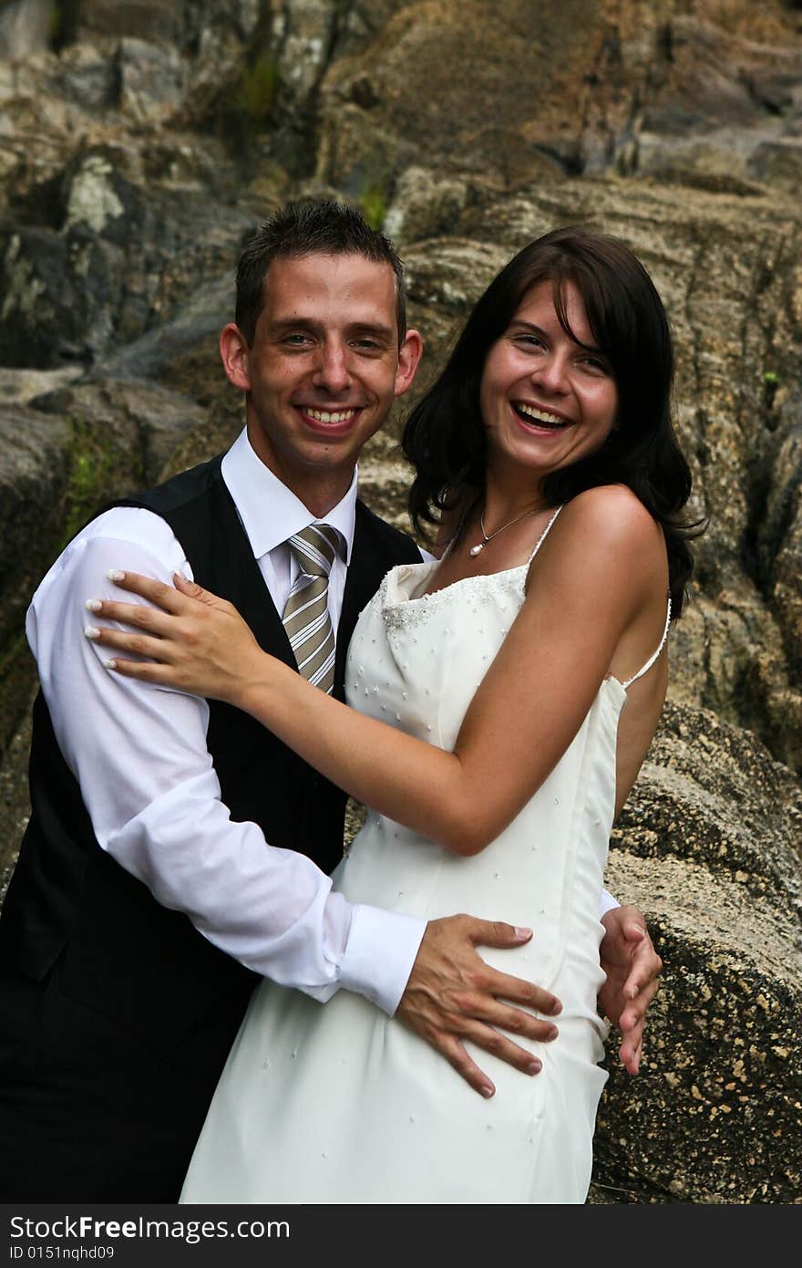 Happy bride and groom on their wedding day.