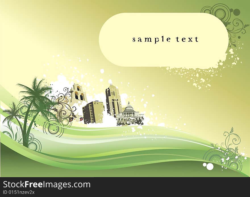 Green floral pattern with palm and houses for  entering text. Green floral pattern with palm and houses for  entering text