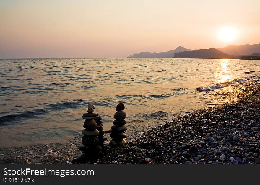 Sunset over the sea and mountains. Ukraine. Crimea.