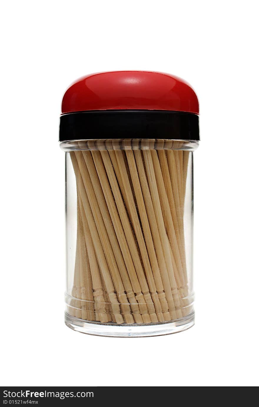 Toothpicks in red plastic dispenser isolated over white, clipping path included