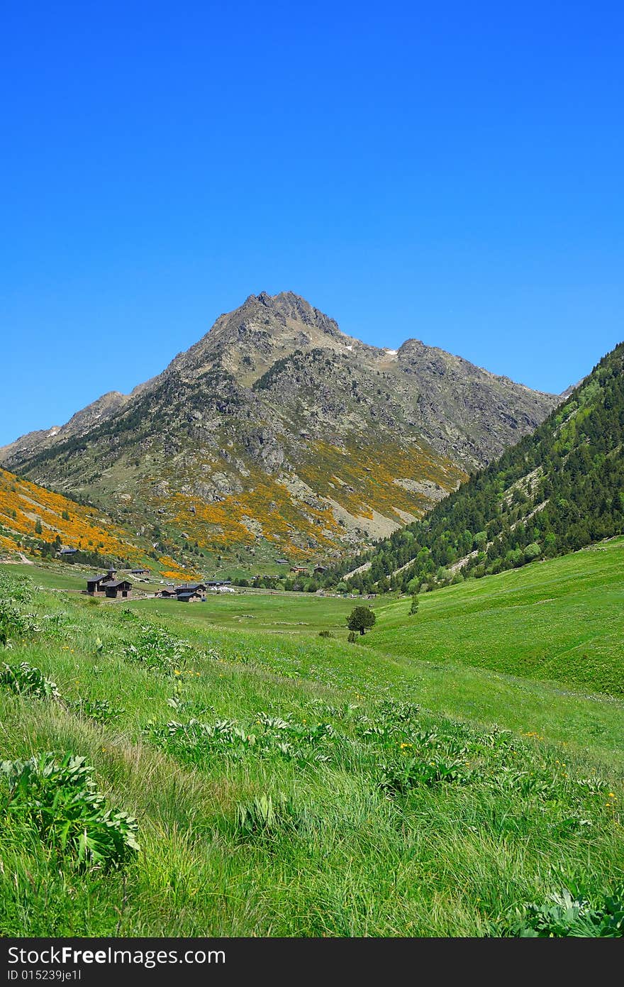 Vall d'Incles landscape with Alt de Juclar peak in background. Vall d'Incles landscape with Alt de Juclar peak in background