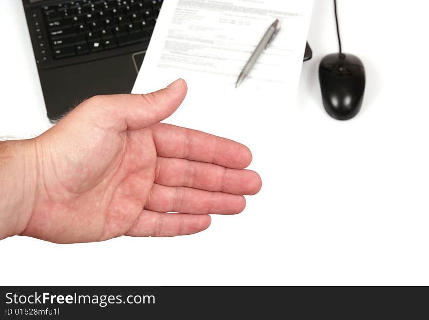 Extended hand,  isolated on white background