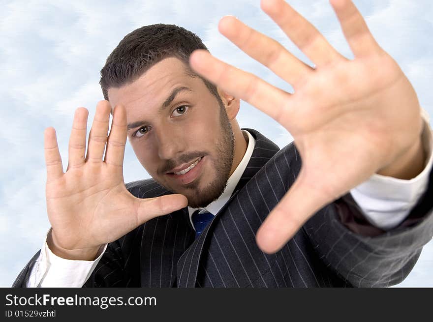 Executive giving directing hand gesture against white background