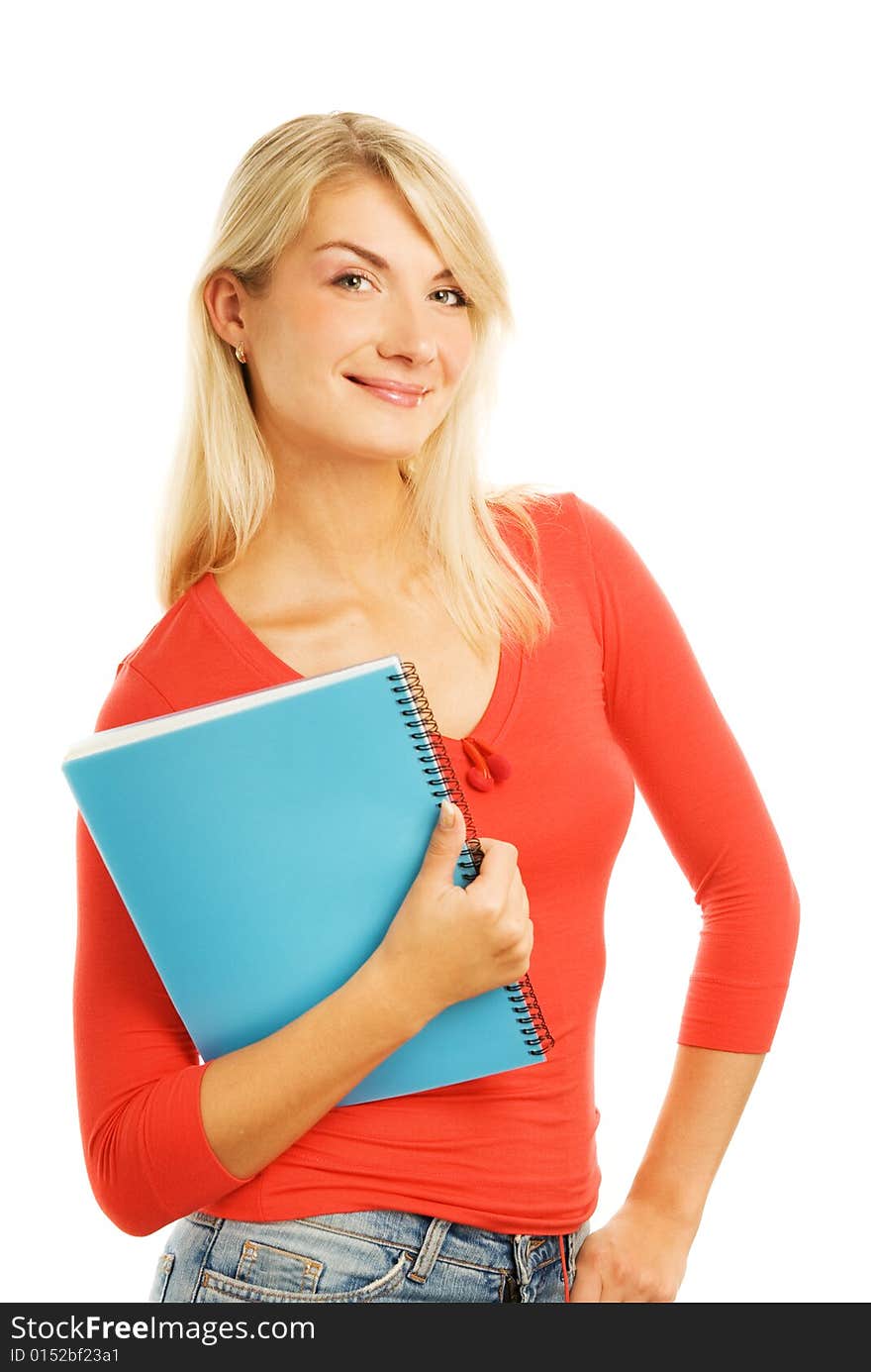 Attractive teenage girl with notebooks isolated on white background