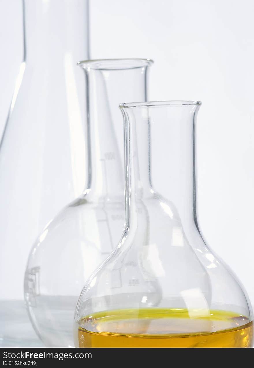 Glassware in laboratory, equipment for scientific research