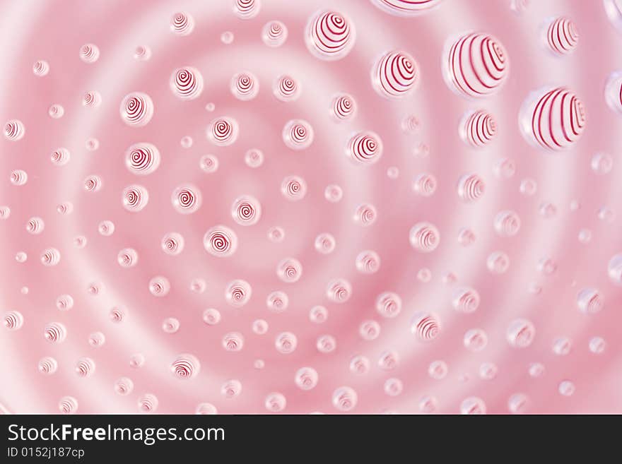 Red spiral reflected in water droplets