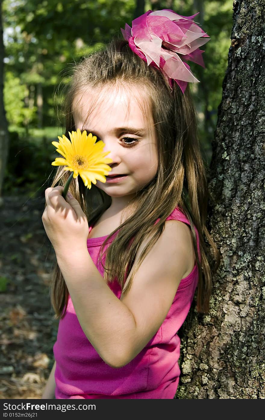 Little Girl looking at a yellow flower she picked from her mother's garden. Little Girl looking at a yellow flower she picked from her mother's garden.