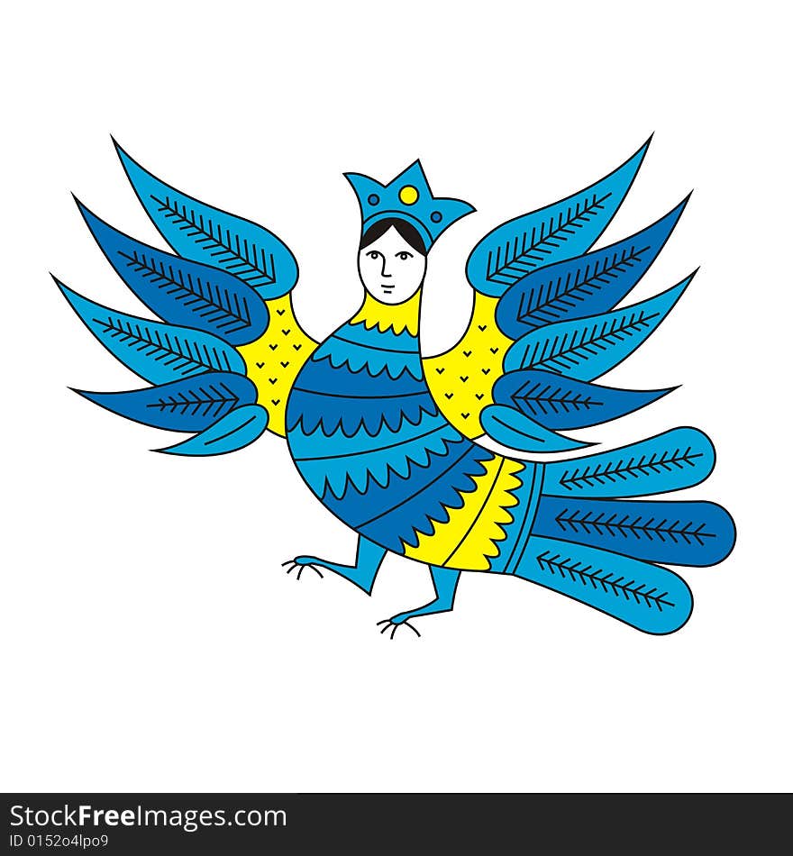 Bird with a woman's face. It is represented in the old Russian technics of a list. The bird has lifted wings upwards. On a head at it the crown is put on.