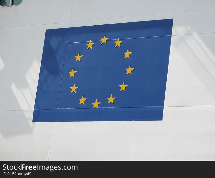 European flag on a ship bulwarks. European flag on a ship bulwarks.