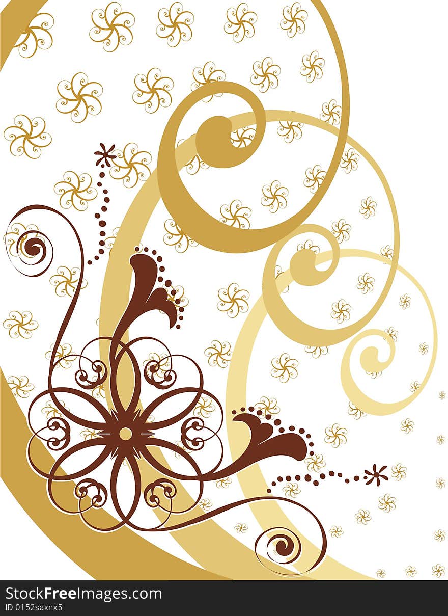 Swirling flower foliage ribbons design. Created in gold tones with a white background. Swirling flower foliage ribbons design. Created in gold tones with a white background.