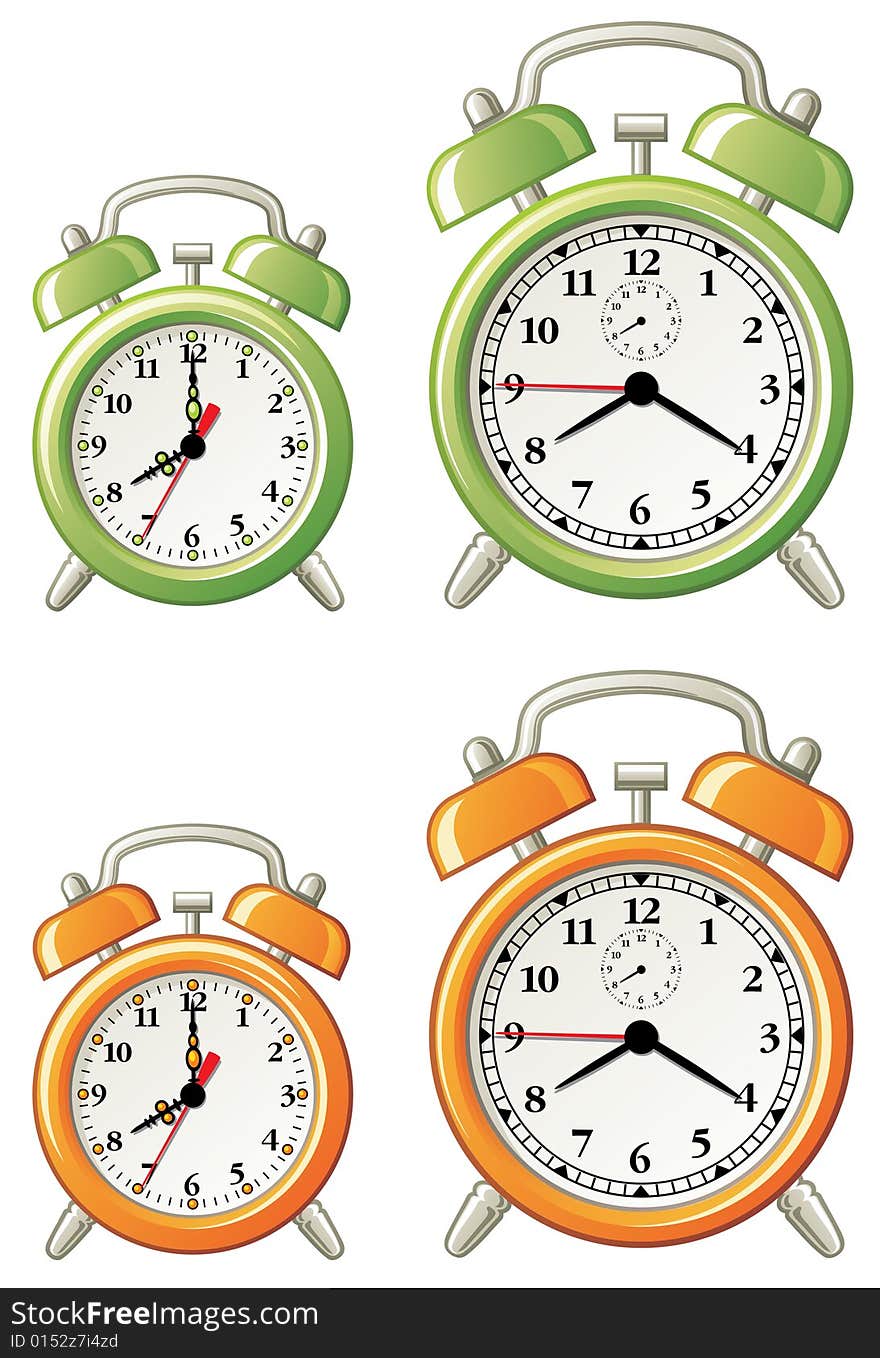 Small and big alarm-clocks in green and orange colors isolated on white. Small and big alarm-clocks in green and orange colors isolated on white