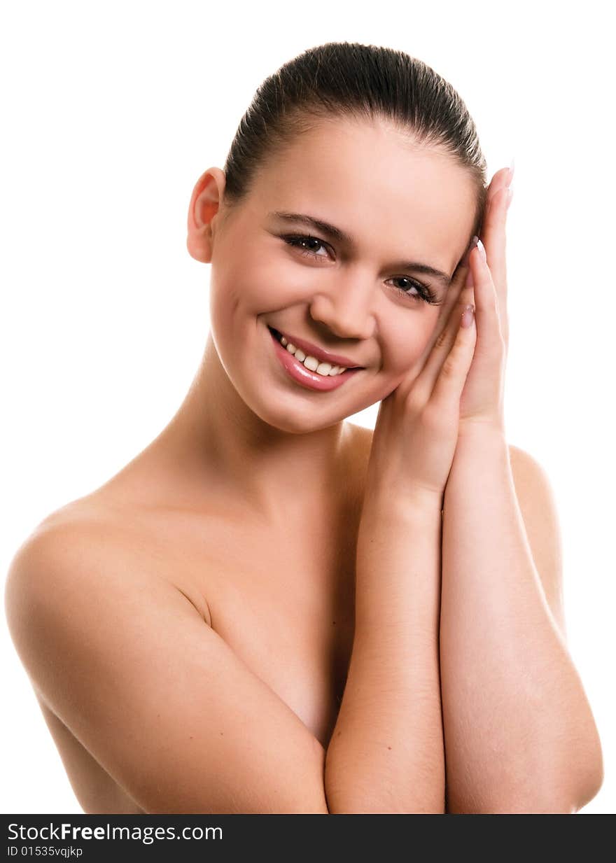 Smiling young woman on white