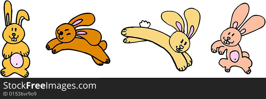 Four funny rabbits on white background. illustration