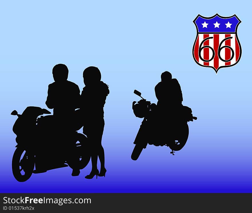 Vector drawing silhouettes road motorcycles on a blue background. Vector drawing silhouettes road motorcycles on a blue background