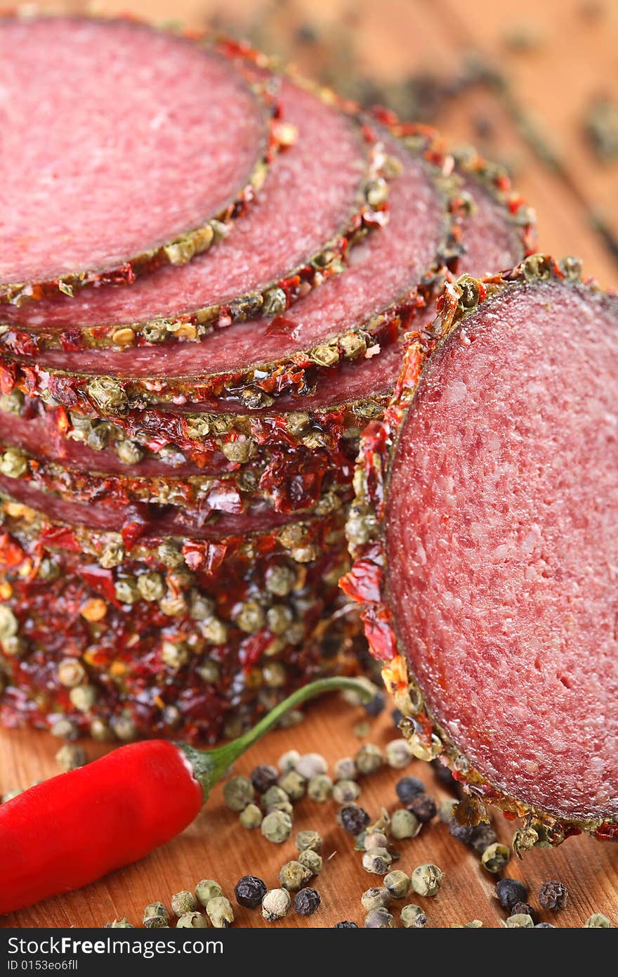 Salami with pepper grains and chili