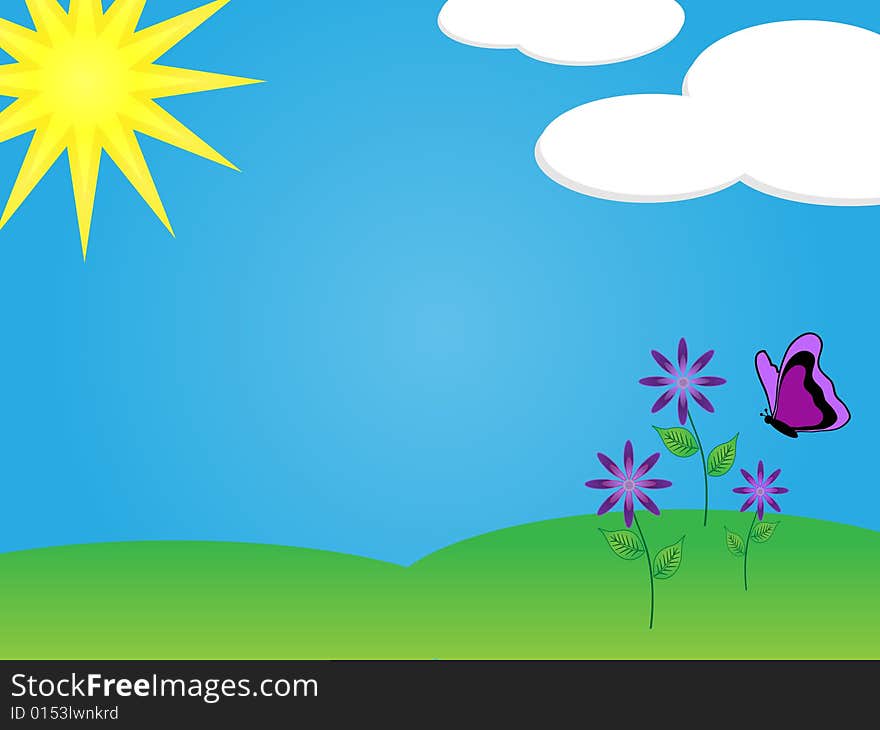 Graphic illustration of blue sky, sunshine and purple flowers with a butterfly on green grass. Graphic illustration of blue sky, sunshine and purple flowers with a butterfly on green grass.