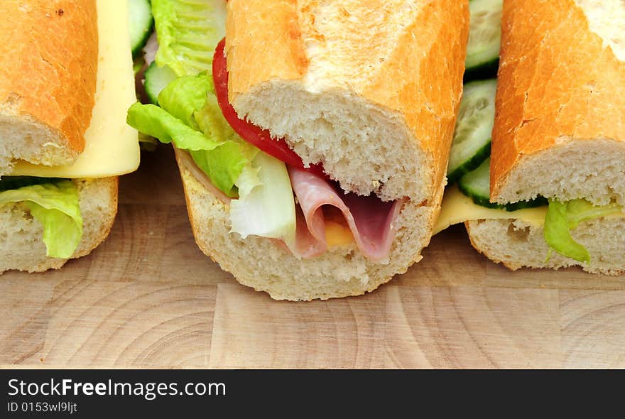 Filled crusty rolls with ham cheese and salad