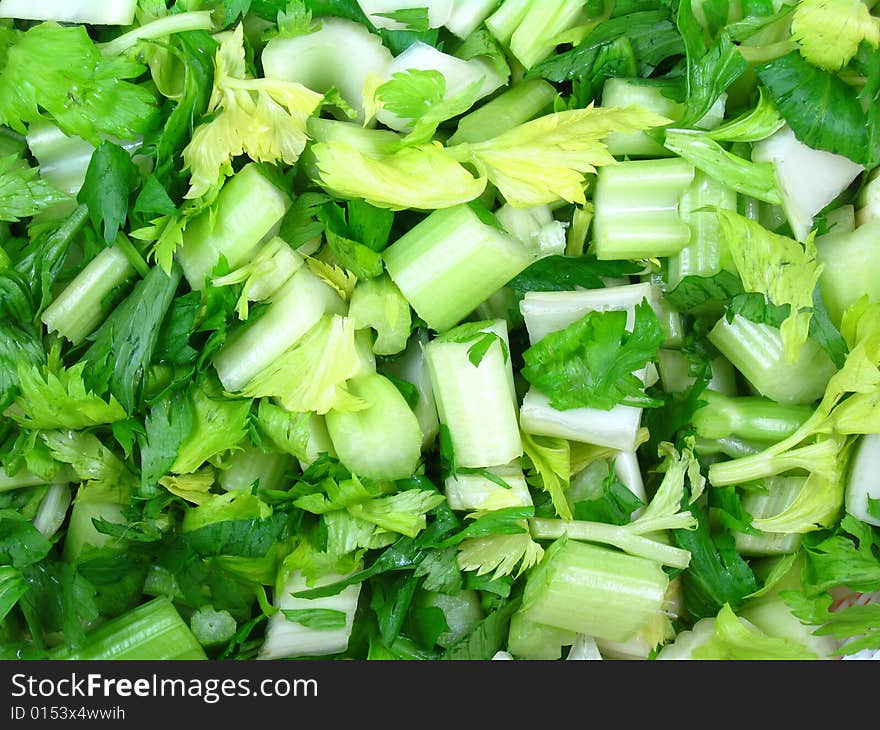 Close up of chopped celery leaves and stalks