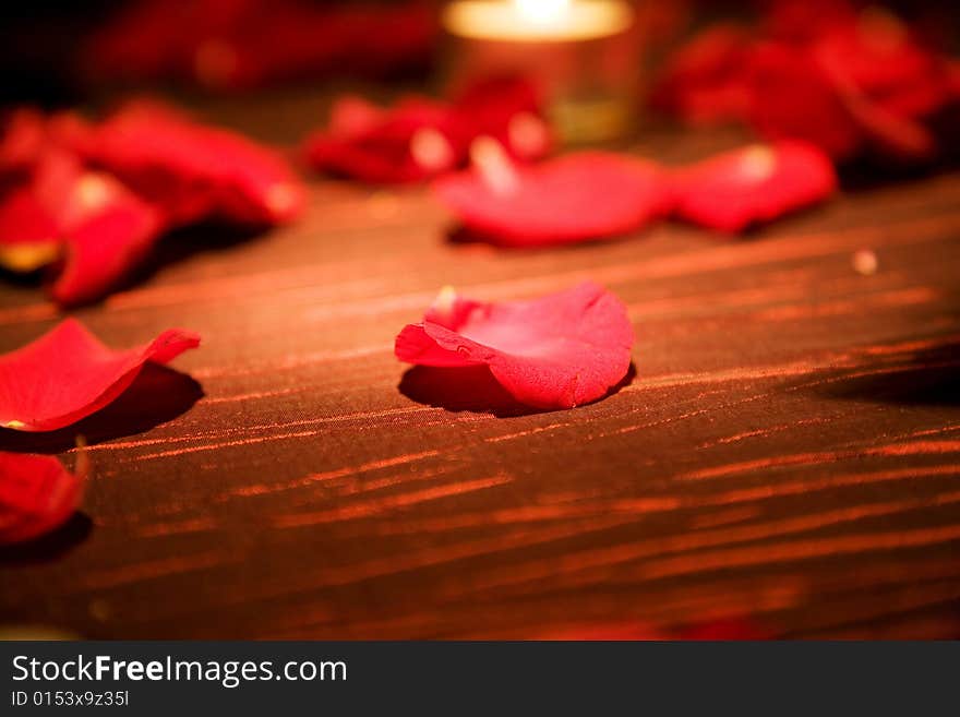 Red rose petals spread on the table for special occasion