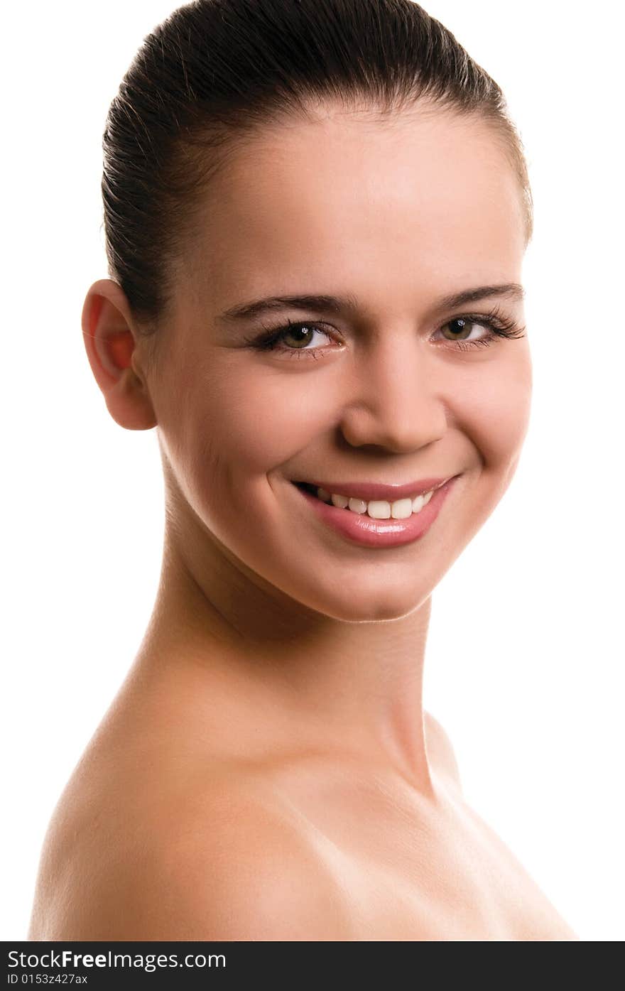 Smiling young woman on white