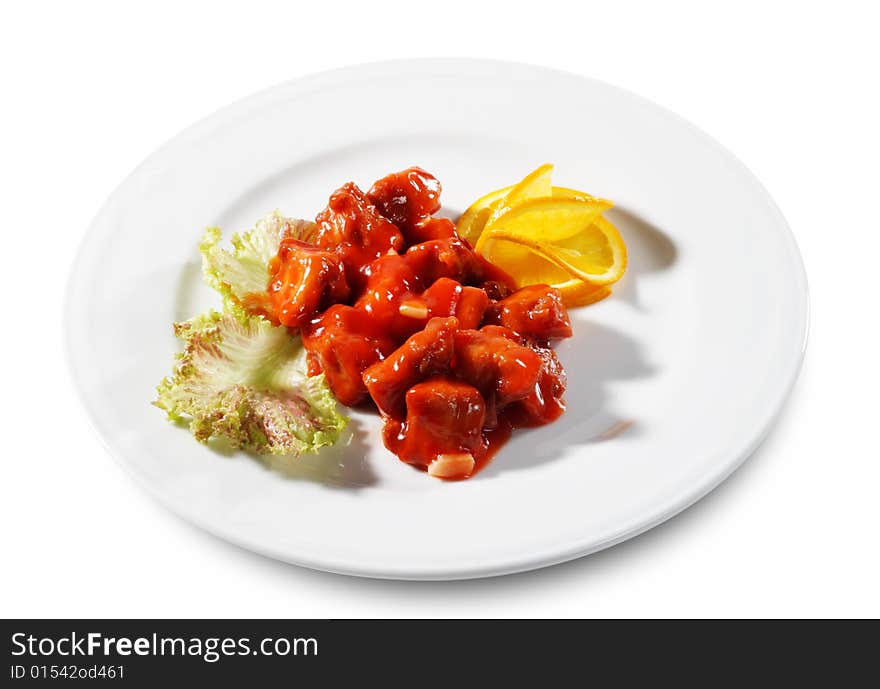 Chopped Chicken (or Beef, Meat) Served with Tomato Sauce and Orange