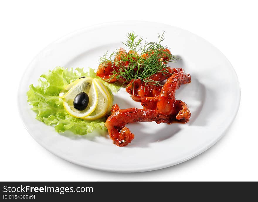 Seafood - Shrimps in Sauce Dressed with Salad Leaves, Dill, Lemon and Olives. Isolated on White Background. Seafood - Shrimps in Sauce Dressed with Salad Leaves, Dill, Lemon and Olives. Isolated on White Background