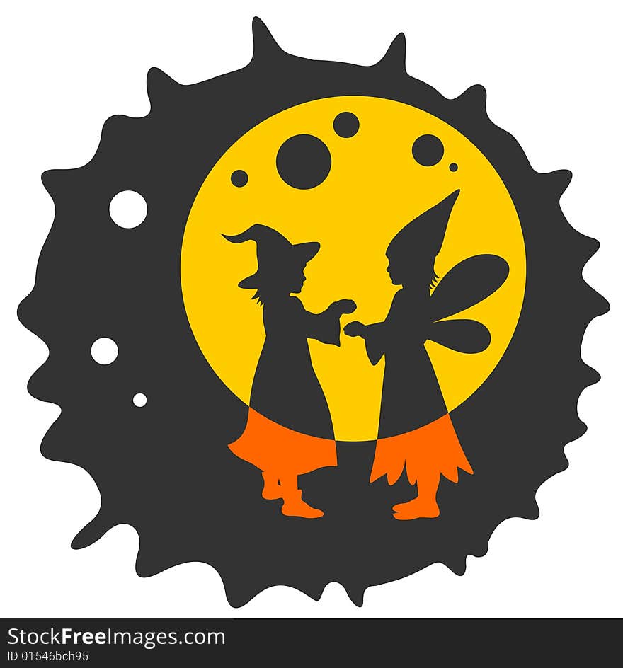 Two children silhouettes on a moon background. Halloween illustration. Two children silhouettes on a moon background. Halloween illustration.